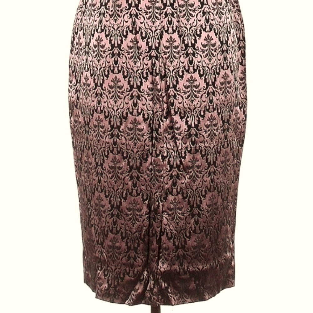 🩷🖤🩷 Glamorous Pink & Black Satin Damask Print Pencil Skirt - L - Picture 2 of 7